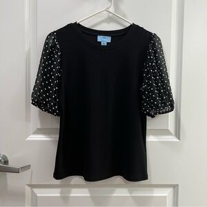 CeCe Dotted Short Puff-Sleeve Black Top Size Small
